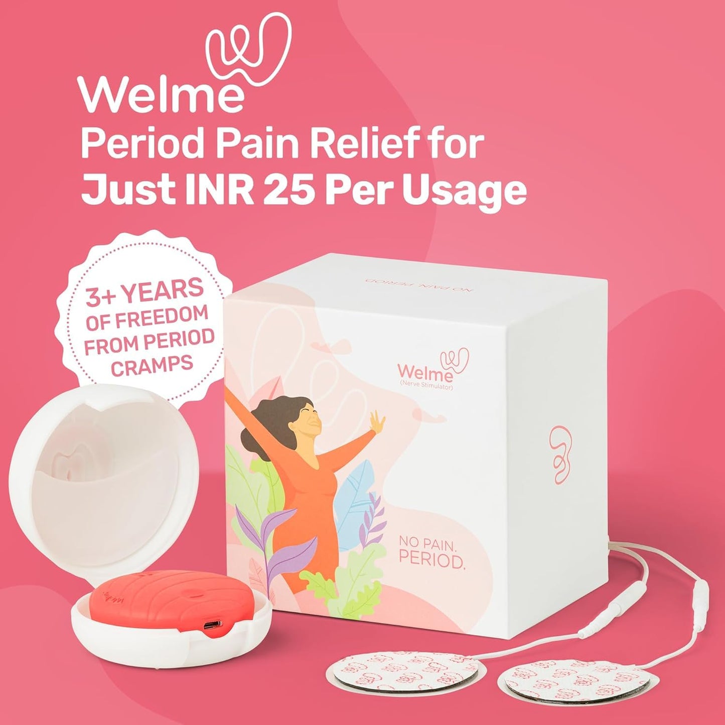 WELME Period Pain Relief Device Relief from Menstrual Cramp and Period Pain | Electric Rechargeable PATENTED TENS Technology 3+ years usage Easy to Wear Clinically Tested Drug Free No Side Effects