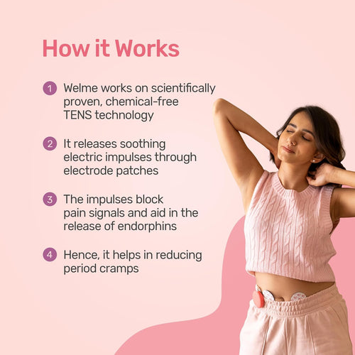 WELME Period Pain Relief Device Relief from Menstrual Cramp and Period Pain | Electric Rechargeable PATENTED TENS Technology 3+ years usage Easy to Wear Clinically Tested Drug Free No Side Effects